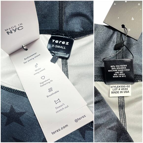 TEREZ NWT Hi-Shine Leggings Metal Gray/Black Star Print Size XS Made in NYC - Picture 7 of 8